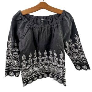Talbots Embroidered Blouse Small Black & White Floral Off-Shoulder Boho Chic Top